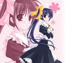  00s 1girl blue_eyes blue_hair bow hands_clasped hayashi_sakura itou_noemi long_hair maid side_ponytail solo waitress with_you yellow_bow zoom_layer 