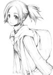  1girl backpack bag blush center_part fujishima monochrome original ponytail scarf simple_background sketch smile solo 