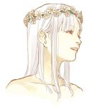  1girl albino bare_shoulders crown elysion face flower hat head_wreath hidari_(left_side) lafrenze lips simple_background smile solo sound_horizon teeth 