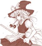  1girl braid broom female hat kirisame_marisa monochrome red sketch solo touhou twin_braids witch witch_hat yumesato_makura 