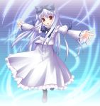  1girl 3.1-tan blue_bow bow full_body long_hair long_sleeves looking_at_viewer mary_janes os-tan outstretched_arms red_eyes shimakaze shoes silver_hair simple_background solo very_long_hair 