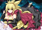  00s 1girl 2006 bare_shoulders bat_wings blonde_hair bow breasts cleavage copyright_name detached_sleeves disgaea dress earrings fantasy_wind high_heels jewelry large_breasts lying makai_senki_disgaea_2 nippon_ichi on_stomach pointy_ears red_eyes ring rozalin shinano_yura shoes solo strapless strapless_dress wings yellow_bow 