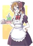  1girl :d apron blush bow bowtie brown_hair cup drink drinking_glass frills glasses kimarin liquid maid maid_apron maid_headdress open_mouth original red_bow red_bowtie simple_background smile solo teeth tray upper_body violet_eyes white_background 
