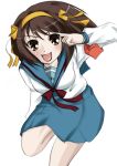  1girl armband bad_anatomy brown_hair poorly_drawn school_uniform serafuku short_hair solo suzumiya_haruhi suzumiya_haruhi_no_yuuutsu waku 