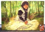  1girl bangs black_dress dress forest hands_together lips long_sleeves maid maid_headdress momiji_mao nature original outdoors ree smile solo v_arms 
