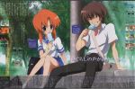  1boy 1girl :p bag blue_eyes brown_hair clenched_teeth eating food full_body highres higurashi_no_naku_koro_ni ice_cream maebara_keiichi orange_hair outdoors pole popsicle redhead ryuuguu_rena sakai_kyuuta scan school_bag shirt short_sleeves sitting teeth tongue tongue_out tree white_shirt 