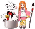  1girl bird calligraphy_brush chicken cooking japanese_clothes original paintbrush pot redhead sakaetoun solo 