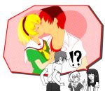  !? 1boy 2girls ^_^ belt blonde_hair closed_eyes furude_rika higurashi_no_naku_koro_ni houjou_satoko kiss maebara_keiichi multiple_girls neckerchief pants sailor_collar school_uniform shirt shocked_eyes simple_background speech_bubble white_background 