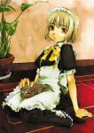  1girl :o apron arm_support black_dress blonde_hair bow bowtie buttons cat choker dress expressionless flower_pot kazumiya_akira maid maid_apron original parted_lips plant potted_plant red_eyes short_hair short_sleeves sitting solo tile_floor tiles wariza yellow_bow 