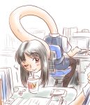  1boy 1girl computer cup drink indoors long_neck mcdonald&#039;s monster_girl neck office_lady one_eye_closed pantyhose pimmy rokurokubi wink 