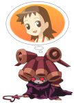  1girl brown_hair cloak fossilkat looking_at_viewer mecha medarot open_mouth orz red_eyes robot smile thought_bubble wand 