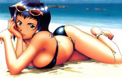  1girl 90s bandeau_bikini barefoot beach bikini breasts cleavage cowboy_bebop faye_valentine large_breasts ocean official_art outdoors short_hair solo sunglasses swimsuit water 