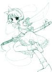  1girl akiyoshi_yoshiaki blush dress female flat_chest flower footwear frills ghost green hairband hitodama katana konpaku_youmu konpaku_youmu_(ghost) leg_lift monochrome short_hair socks solo sword touhou weapon 