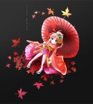  1girl autumn autumn_leaves flower japanese_clothes kimono leaf maple_leaf oriental_umbrella short_kimono solo tabi umbrella yukata 
