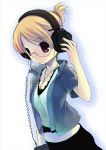  1girl blonde_hair breasts cardigan cigarette cleavage cross dutch_angle glasses hand_on_ear headphones hiiro_yuki jewelry midriff necklace original polka_dot red_eyes short_hair simple_background small_breasts smoking solo 