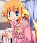  1girl animal_ears apricot apricot_(yamai) blonde_hair blue_eyes blush dog_ears dog_tail flush fox_ears fox_tail orange_hair original pajamas redhead solo tail yamai 