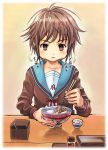  1girl bad_id bowl brown_hair cardigan chopsticks eating food kishizuka_kenji nagato_yuki rice school_uniform serafuku short_hair sitting solo suzumiya_haruhi_no_yuuutsu 