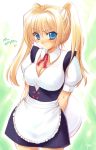  1girl arms_behind_back blonde_hair blue_eyes blush breasts cleavage frown large_breasts maid original solo twintails waitress yano_takumi 