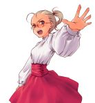  1girl blonde_hair blue_eyes buttons cowboy_shot glasses high-waist_skirt long_sleeves open_mouth original outstretched_arm red_skirt shirt simple_background skirt solo torazou white_background white_shirt 