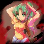  1girl adjusting_hair arms_up blush cowboy_shot expressionless green_eyes green_hair gun handgun higurashi_no_naku_koro_ni holster mouth_hold shirt short_sleeves solo sonozaki_mion tsukamichi_fumi tying_hair weapon yellow_shirt 