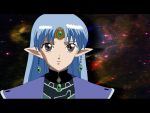  1girl blue_hair brown_eyes earrings expressionless jewelry lafiel letterboxed looking_at_viewer pointy_ears seikai_no_senki solo space star tiara upper_body 