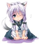  1girl animal_ears blue_eyes braid dog_ears dog_tail female inu_sakuya izayoi_sakuya kemonomimi_mode kokono_coco maid short_hair silver_hair solo tail touhou twin_braids white_hair wink 