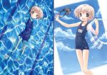  1girl :d afloat blonde_hair clouds covered_navel focke_wulf goggles goggles_removed green_eyes innertube looking_at_viewer lying name_tag navel on_back one-piece_swimsuit open_mouth partially_submerged pool school_swimsuit short_hair smile source_request swimming swimsuit thigh_gap thighs wallpaper water 