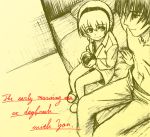  1boy 1girl arm_support bed cup english from_above hairband higurashi_no_naku_koro_ni holding houjou_satoko indoors maebara_keiichi monochrome naked_shirt shirt short_hair sitting slippers smile topless 