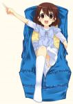  1girl :d bag blush casual duffel_bag duplicate exif_thumbnail_surprise feet female footwear in_container jpeg_artifacts kneehighs kyon_no_imouto legs looking_at_viewer lying mizuki_makoto on_back open_mouth pointing simple_background smile socks suzumiya_haruhi_no_yuuutsu uniform white_background white_legwear 