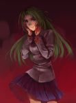  1girl artist_request blazer blood blood_on_face bloody_clothes dark green_hair hands_on_own_face higurashi_no_naku_koro_ni long_hair long_sleeves lowres pleated_skirt red_background school_uniform skirt skirt_lift solo sonozaki_shion tears yandere 