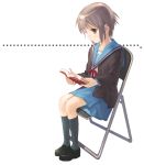  ... 1girl book cardigan chair folding_chair nagato_yuki nao_(artist) reading school_uniform serafuku short_hair sitting solo suzumiya_haruhi_no_yuuutsu 