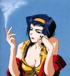  1girl 90s blue_hair breasts cigarette cleavage cowboy_bebop faye_valentine hairband large_breasts lipstick makeup smoking solo 