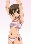  1girl armpits arms_up artist_request bikini brown_eyes brown_hair frills fujioka_haruhi looking_at_viewer open_mouth ouran_high_school_host_club short_hair simple_background smile solo swimsuit tankini 