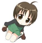  1girl animal_yokochou brown_hair chibi from_above full_body ixy ku-chan loafers long_sleeves looking_at_viewer looking_up shoes simple_background sitting solo wariza white_background white_legwear 