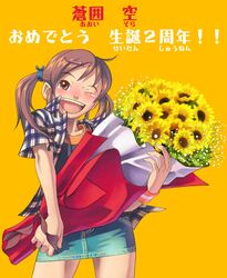  1girl ;d aoi_sora_(pairan) blush bouquet brown_eyes brown_hair character_name cowboy_shot denim denim_skirt face flower hair_ornament hairclip hands looking_at_viewer miniskirt one_eye_closed open_mouth orange_background original pairan pencil_skirt plaid plaid_shirt shirt short_sleeves simple_background skirt smile solo tears teeth text twintails wristband 