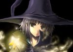  1girl black_eyes cloak grey_hair hat nagato_yuki portrait satomi short_hair smoke solo star suzumiya_haruhi_no_yuuutsu wand witch witch_hat 