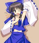  1girl alternate_color arm_up armpits black_hair bow brown_background brown_eyes colored detached_sleeves exif_thumbnail_surprise female hair_bow hair_tubes hakurei_reimu hoshi_umi immaterial_and_missing_power japanese_clothes long_hair looking_at_viewer midriff miko navel open_mouth sarashi shadow simple_background skirt skirt_set solo standing tears touhou wink yawning 