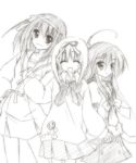  3girls akihime_sumomo crossover lowres manami_tatsuya monochrome multiple_girls nanatsuiro_drops shakugan_no_shana shana sketch suzumiya_haruhi suzumiya_haruhi_no_yuuutsu 