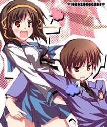  brown_hair crossover fujioka_haruhi namesake ouran_high_school_host_club school_uniform serafuku short_hair suzumiya_haruhi suzumiya_haruhi_no_yuuutsu utsurogi_angu 