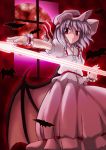  1girl bat bat_wings female hat hat_ribbon lavender_hair moon red_eyes red_moon remilia_scarlet ribbon short_hair solo spear_the_gungnir tilm touhou weapon wings wrist_cuffs 