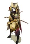  1girl armor black_eyes crossdressinging eyepatch helmet japanese_armor kabuto katana kusazuri okama onabe original samurai sheath sheathed simple_background solo sword weapon 