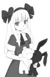  1girl blush dress hair_ribbon hairband ikura_hato long_hair monochrome original rabbit ribbon smile solo stuffed_animal stuffed_toy teddy_bear 