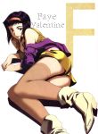  1girl 90s ass cowboy_bebop faye_valentine green_eyes hairband lying purple_hair smile solo thigh-highs 