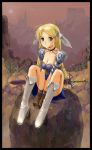  1girl armor blonde_hair blue_eyes boots breasts cleavage fantasy gloves knight original sitting spaulders sword weapon yurikuta_tsukumi 