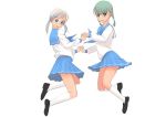  2girls bangs black_eyes blue_eyes blue_skirt braid footwear from_side full_body glasses green_hair hand_holding interlocked_fingers jumping kiriman_(souldeep) kneehighs loafers long_hair long_sleeves looking_at_viewer multiple_girls neckerchief original pleated_skirt school_uniform serafuku shoes silver_hair simple_background skirt smile socks twin_braids twintails upskirt white_background 