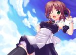  1girl ;d armpits bare_shoulders black_legwear blush breasts brown_hair clouds collar detached_sleeves dutch_angle eyebrows eyebrows_visible_through_hair flower frills from_below green_eyes hair_flower hair_ornament hair_ribbon hand_on_hip looking_at_viewer maid neck_ribbon nullken one_eye_closed open_mouth original red_ribbon ribbon sky small_breasts smile solo thigh-highs twintails two_side_up wink wrist_cuffs 