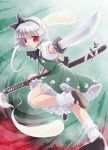  1girl akiyoshi_yoshiaki blush dress female flat_chest flower footwear frills ghost hairband hitodama katana konpaku_youmu konpaku_youmu_(ghost) leg_lift red_eyes short_hair silver_hair socks solo sword touhou weapon 