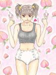  1girl brown_eyes brown_hair collarbone diaper food fruit hair_bobbles hair_ornament holding holding_fruit lowres midriff navel peach short_hair short_twintails smile traditional_media twintails 