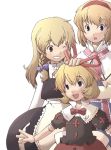  3girls alice_margatroid ascot blonde_hair bow braid doll_joints female grin hairband hand_on_another&#039;s_head hand_on_head hat kirisame_marisa long_hair medicine_melancholy multiple_girls one_eye_closed ribbon sakura_(medilore) short_hair smile touhou white_background witch_hat 