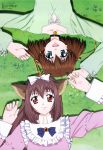  2girls :d ahoge animal_ears apron aqua_eyes asakura_nemu bangs bell bell_collar blush bow brooch brown_hair cat_ears choker cleavage_cutout collar da_capo da_capo_i flat_chest frilled_apron frills from_above grass hair_between_eyes hair_bow hair_ribbon hand_holding high_collar jewelry jingle_bell light_smile long_hair looking_at_viewer lying maid maid_apron megami multiple_girls official_art on_back open_mouth outdoors red_eyes ribbon sagisawa_yoriko scan shirt shitaya_tomoyuki short_hair smile upper_body 